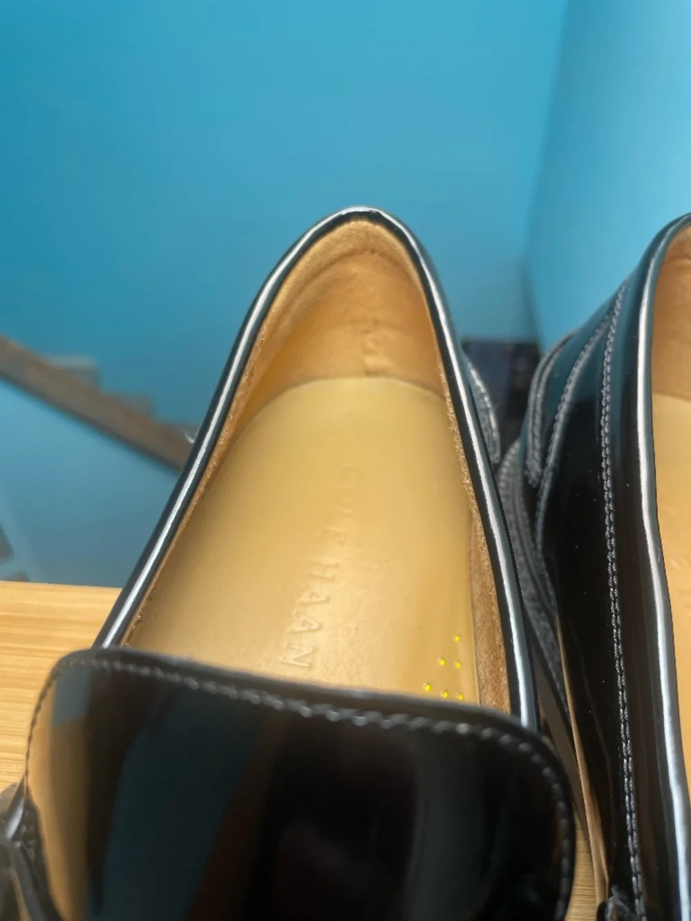 Cole Haan Mens Pinch Prep Penny Loafers Sz 10.5 Patent Leather Black Moc Toe EUC